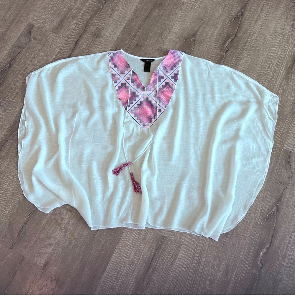 Ali Miles Poncho Top Womens Petite Medium Ivory Short Sleeve Tassel